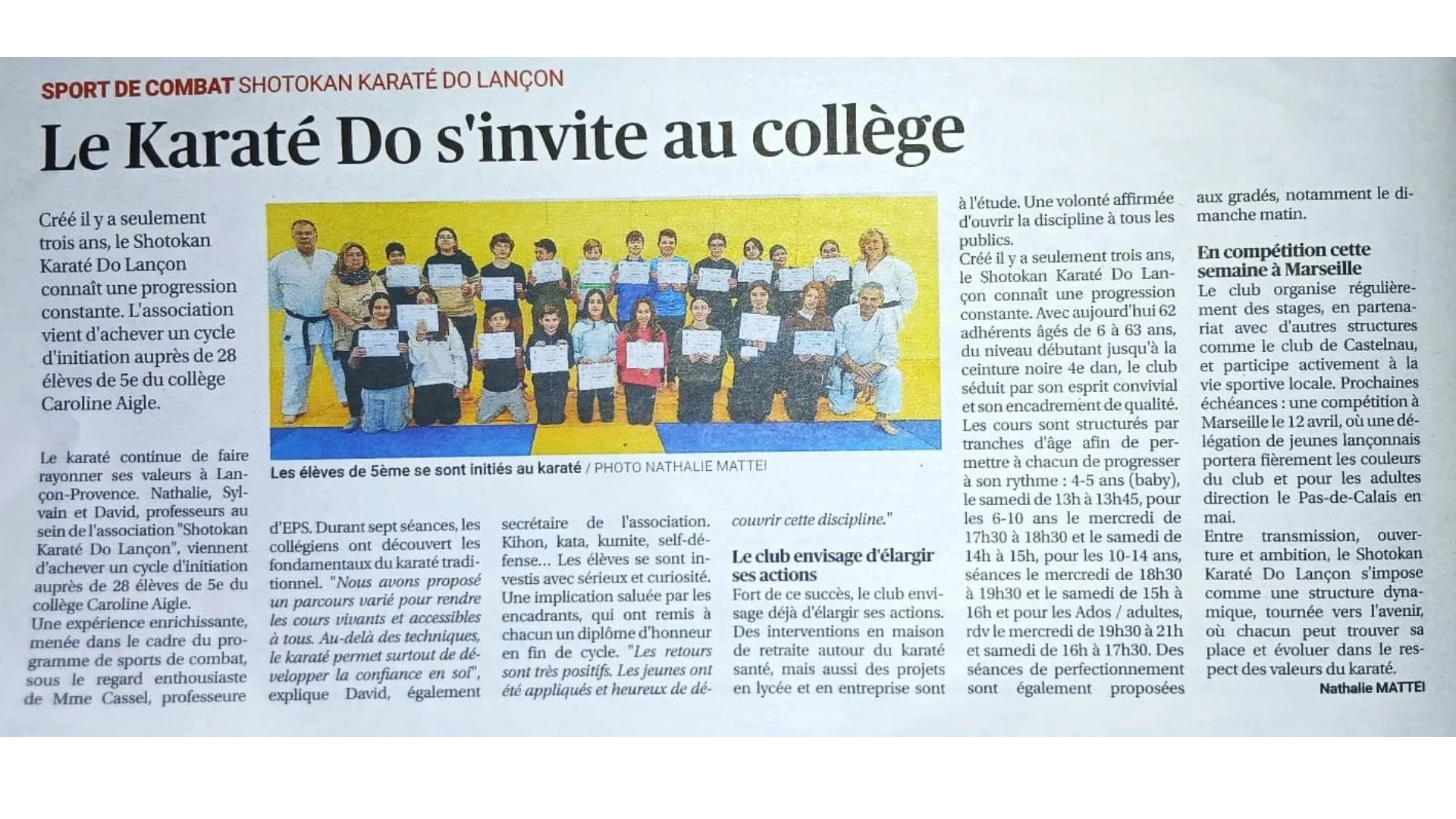 presse intervetion club de karate college lancon provence avril 2026
